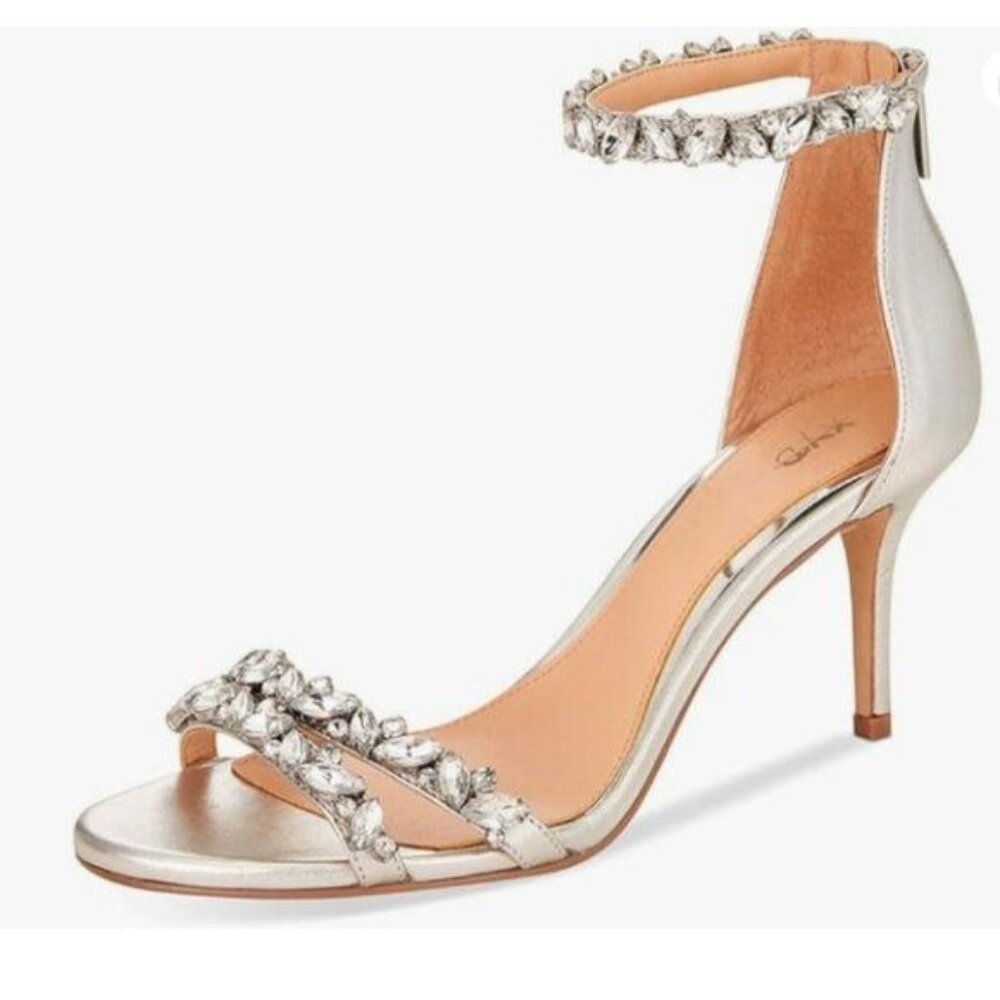 XYD Silver Mid Heel Rhinestone Strappy Sandals Open Toe Ankle Strap Prom Shoes